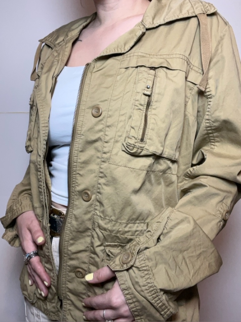 Eddie Bauer Khaki Utility Jacket Granola Girl Hiking Safari Lightweight Coat M